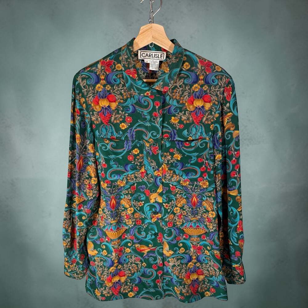 Carlisle VTG Women's 4 Green Mulitcolored Floral 100% Silk L/S Blouse Shacket